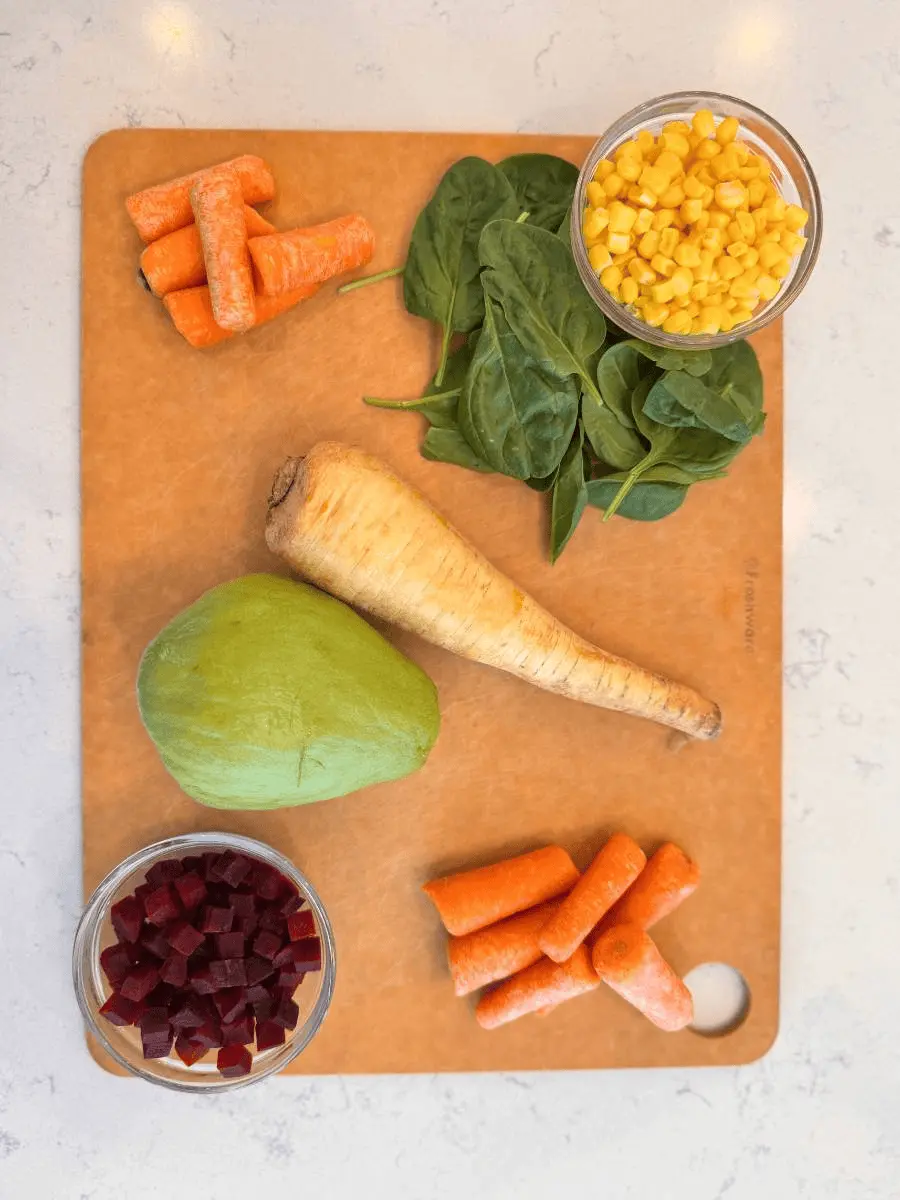 Fresh vegetables and herbs prepared for a Meniere's low-salt diet.